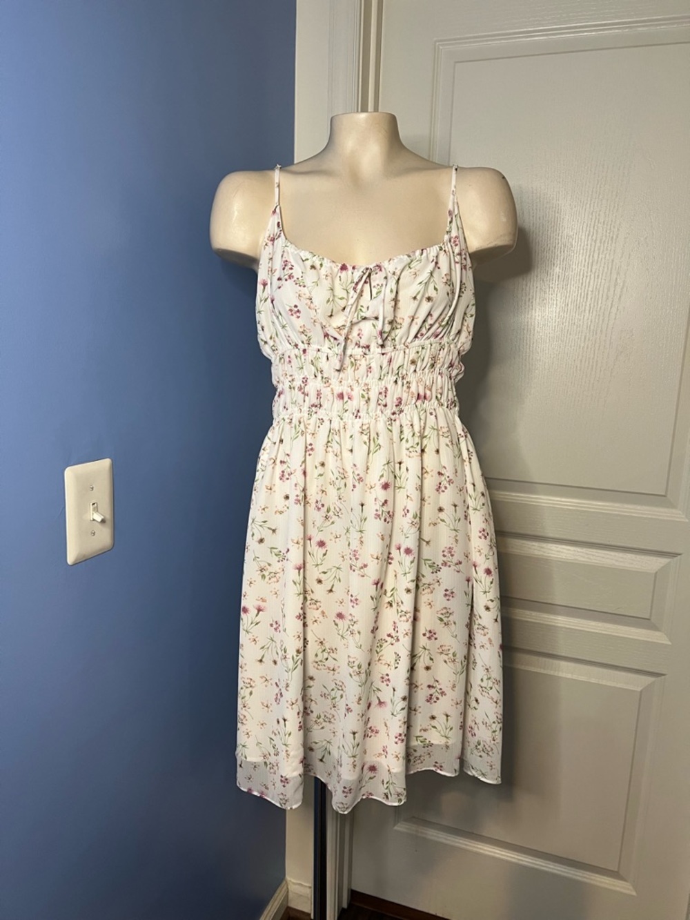 Lucy Paris White Floral Smocked Mini Dress with Pink Accents size M